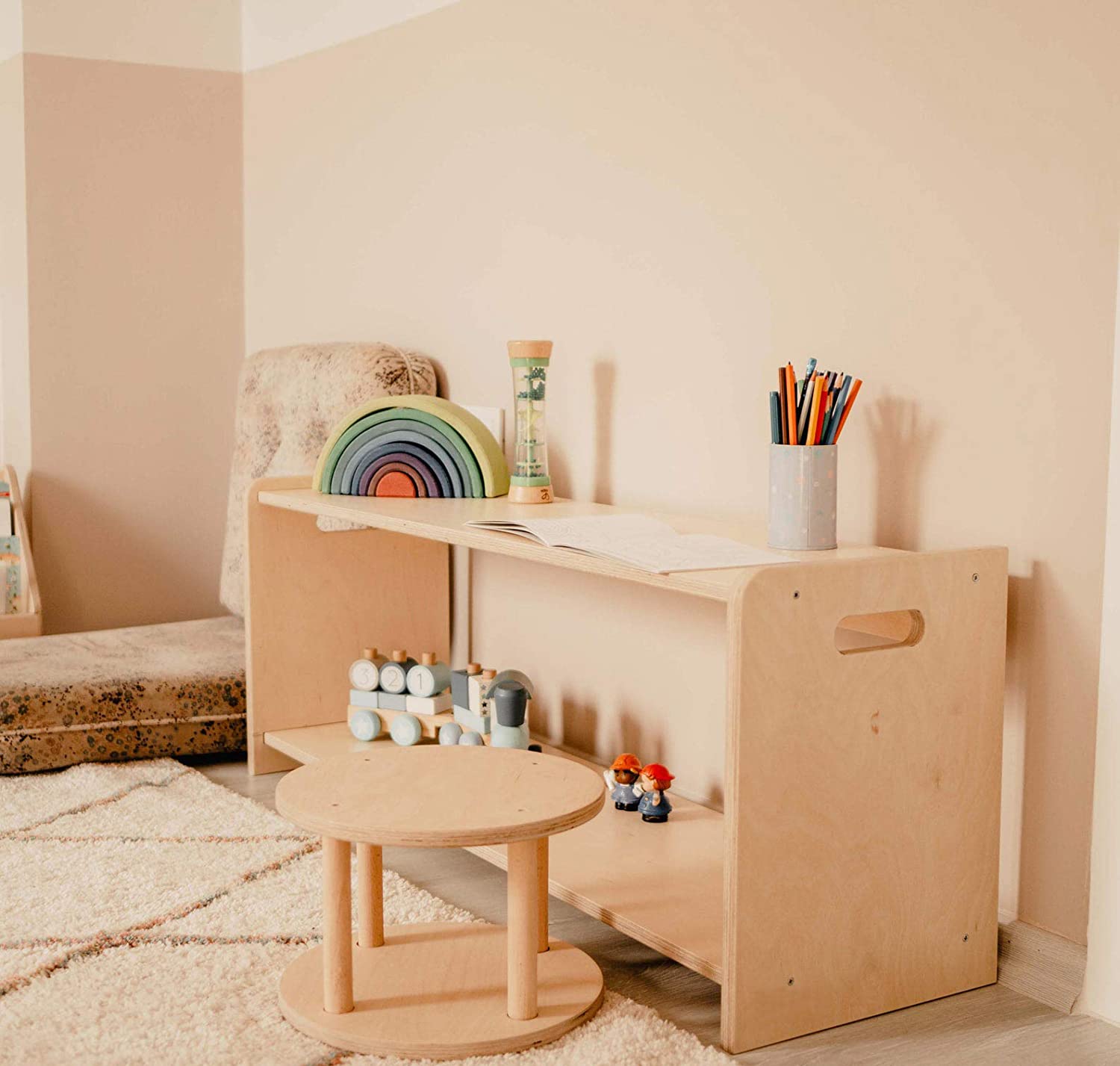 SWEETME Estantería baja de madera para niños, estantería Montessori con  ruedas, mesa y asiento, altura de niño